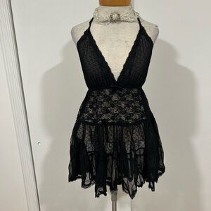 Sexy Black Lace Mid Rose Pattern Semi Sheer Open Back Babydoll Lingerie
